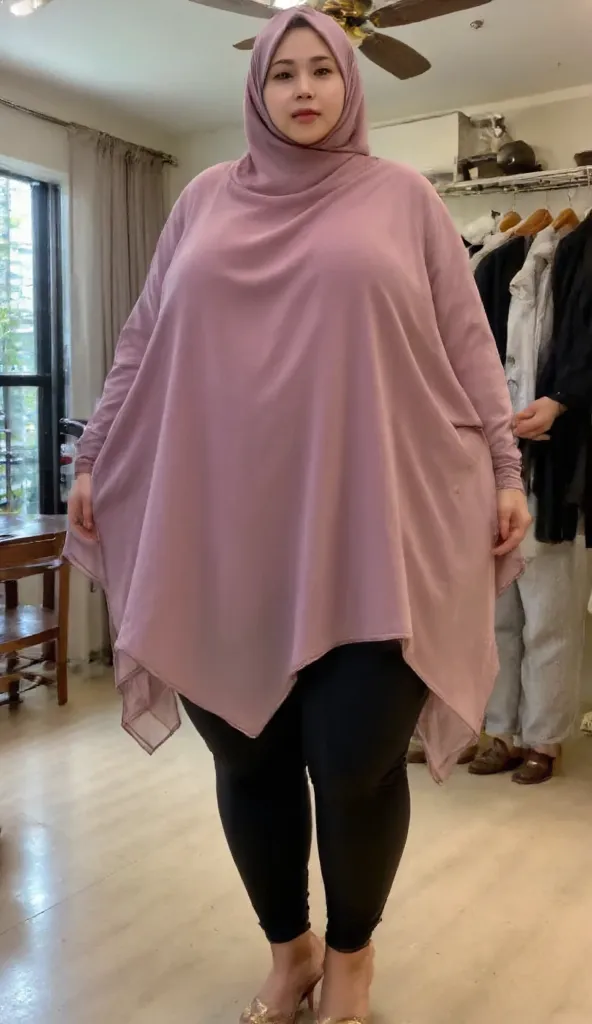 I am a 56 year old pregnant Indonesian woman, wide hips, wearing a glow hijab and glow gold high heels. Being hugged from behind by my 20 year old slender husband, he is holding my hips.Anatomically Correct, Textured Skin, realistic skin, Super Detailed, H...