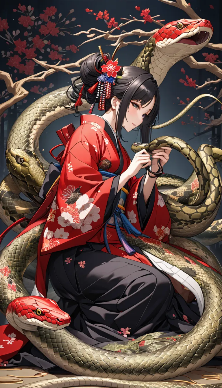 Get connected,  ultra complex high detail,  Beautiful Traditional Japanese Culture,  Playing with snakes  