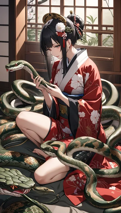 Get connected,  ultra complex high detail,  Beautiful Traditional Japanese Culture,  Playing with snakes  