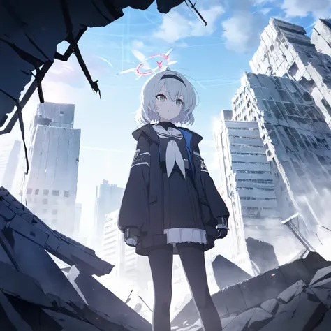 the plan \(blue archive\),1 girl, short hair,Alone,anime,Standing on the ruins of a city,Looking into the distance,There is an aura in the sky,Kivotos，Academy city,(Highest quality), (High resolution), (masterpiece), (Super detailed),Blue Archive Art Style...