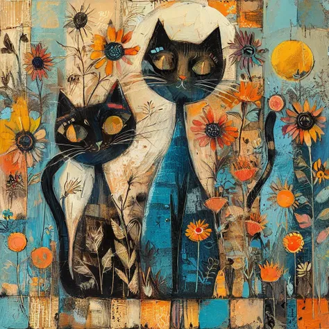 There are various cat stickers on the wall,  naive art , Scrapbook paper collage , Checkered patchwork, with crumpled paper, rags, cracks. Stylized figures, hand-drawn, precise details, with ink and bleach stains mixed with blue and ochre. Cats, long necks...