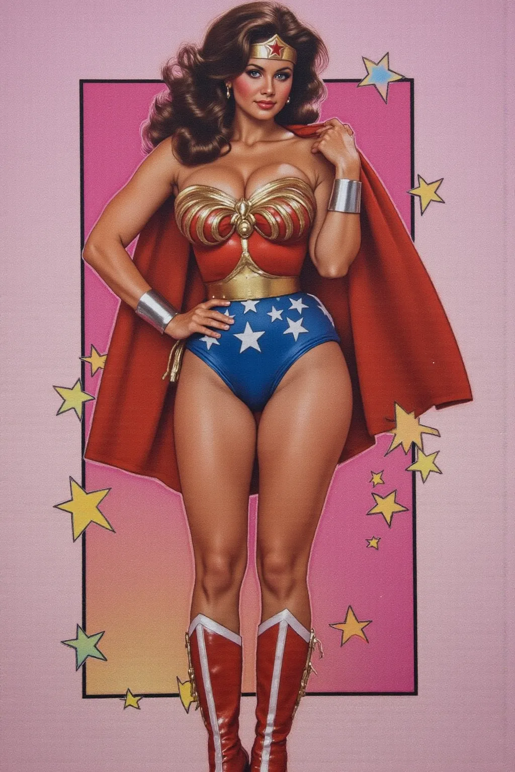  ((oil painting:1.1)) of SEXY LYNDA CARTER AS THE ICONIC 1960 WONDER WOMAN, WEARING A SPANDEX WONDER WOMAN COSTUME, SPANDEX PATRIOTIC BLUE shorts. , RED WONDER WOMAN BOOTS. CRYSTAL CLEAR ART, CELAN CRISP ART, 4K, 8K, MILLIONS OF TEXTURES, alexross style, h...