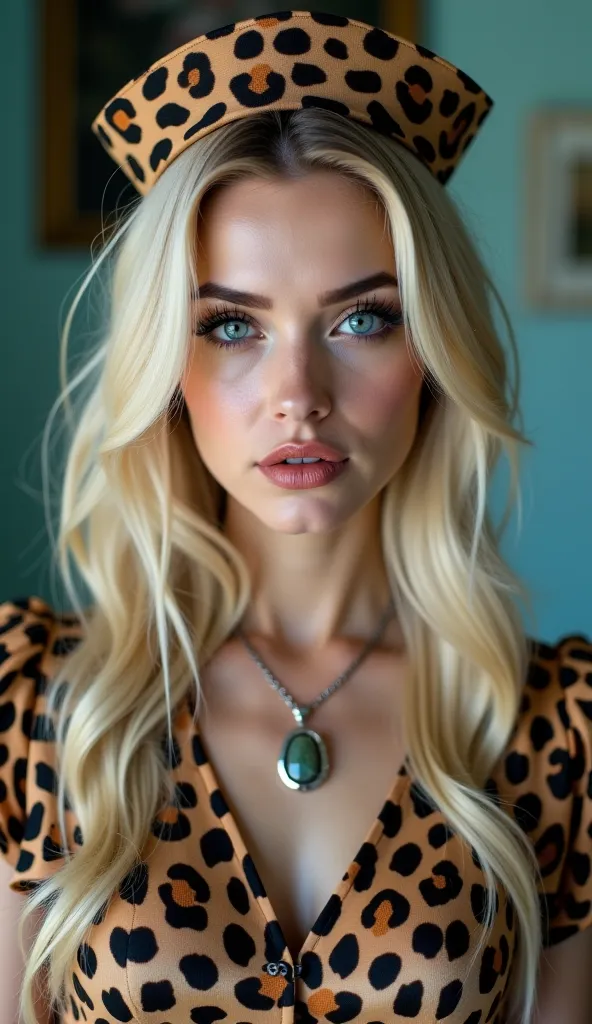 1 young woman from the south ,  Just 18 years old  ,   oversized dark makeup  ,  naiver, Light ,Talahon Make-up, Leopard print nurse outfit. 
 *  blonde poop,  with lots of hairspray
Make-up:
 *   Emphasize eyes with eye shadow and mascara  .   oversized d...