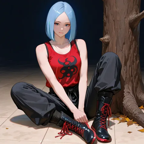 A ninja in red ninja style clothing,With a ninja in red ninja style clothing,tank top with black pants, With bright blue hair and long open your feet, no bangs, wearing a black contoured boot, Sitting on a piece of cut tree on a sandy floor