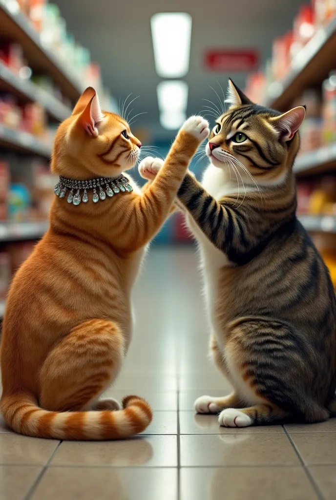 two men cats fighting for a woman cat who is very beautiful dressed very beautifully but they are fighhting in a grocery store