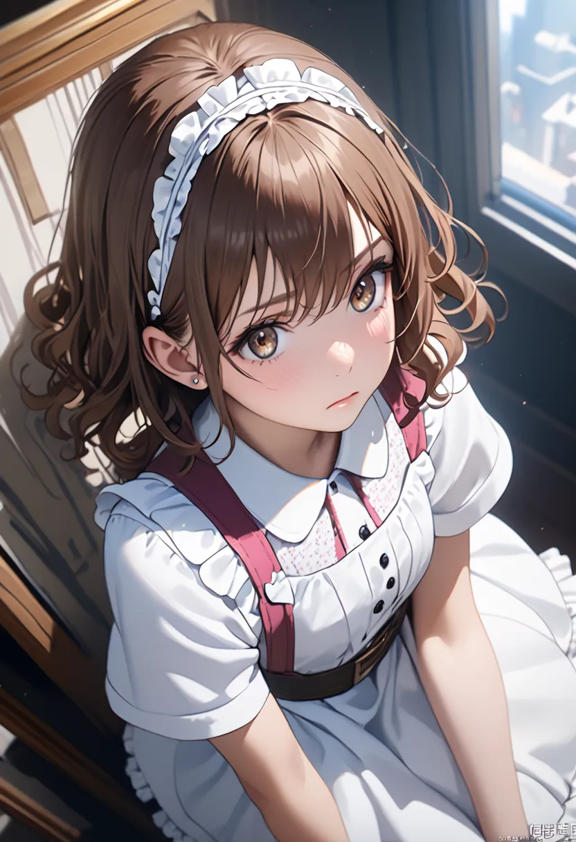 View from the camera, view from above, the whole body is projected, realistic, (masterpiece,Highest quality:1.4),(8k,RAW Photos,realistic:1.2), Not safe at work, Detailed skin, Detailed face, One Girl, round face, princess, Misaka Mikoto dressed as Alice i...