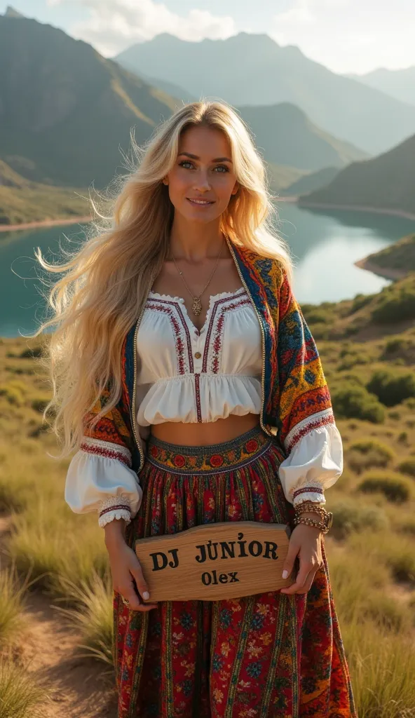 A beautiful Nordic blonde woman dressed in traditional Venezuelan attire, standing gracefully in a picturesque Andean landscape. She has long, flowing golden hair, striking blue eyes, and a radiant smile. Her outfit consists of a vibrant and elegant long s...