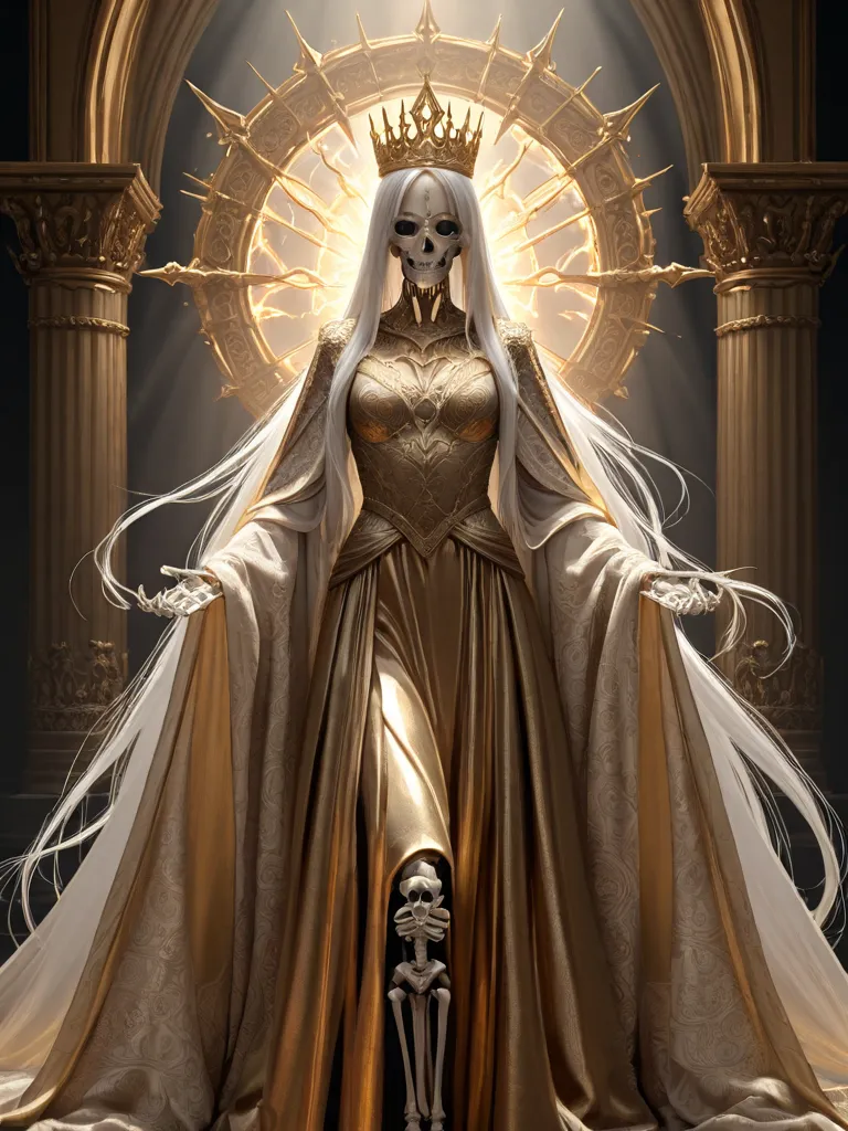 Image is a digital fantasy artwork depicting two skeletal figures in regal attire, set against a fiery background. The composition features a seated female figure with long, flowing white hair, wearing an ornate crown and a detailed, gold and silver gown w...