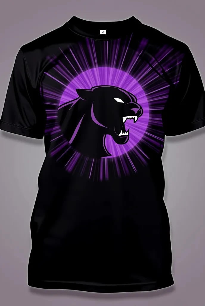 Black interclass shirt with some purple, parts with rays and with the emblem of a black panther with a black eye, 