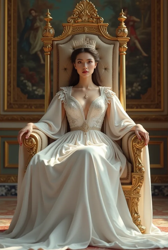 Make an image of a queen sitting on a throne she's wearing a simple crown and she's all dressed in white 