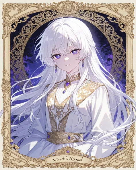 1 boy.adult. long hair,violet eye. White hair, Royal prince. Royal cloth. Outside Border, 