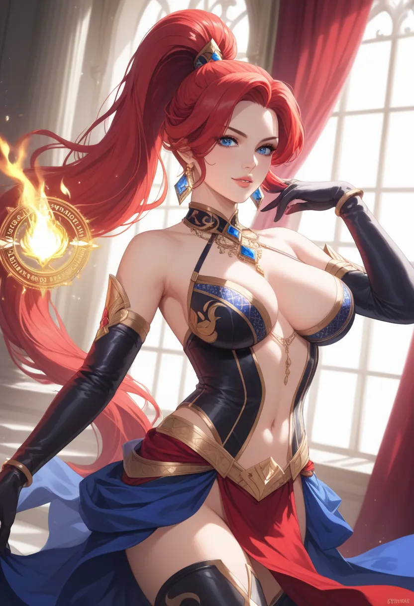 A powerful, majestic-looking fire sorceress stands in the center of a large royal hall, illuminated by the glow of torches and flaming magic. She has long red hair tied in a high ponytail, intense blue eyes, and a confident, seductive expression. Her skin ...