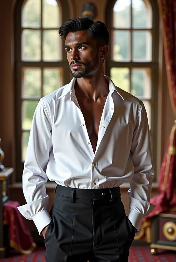  historical romance black man English duke 30 years,  beautiful short hair Regency, half-open white shirt, In the background windows, full body,  1816