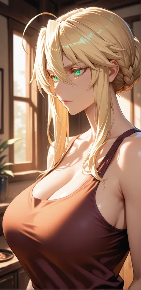 Masterpiece, very aesthetic, vibrant, high contrast, high resolution, ultra detailed, cool mature woman, artoria Pendragon (lancer), tank top, soft light, home, best quality, newest, castlevania: nocturne anime style, upper body