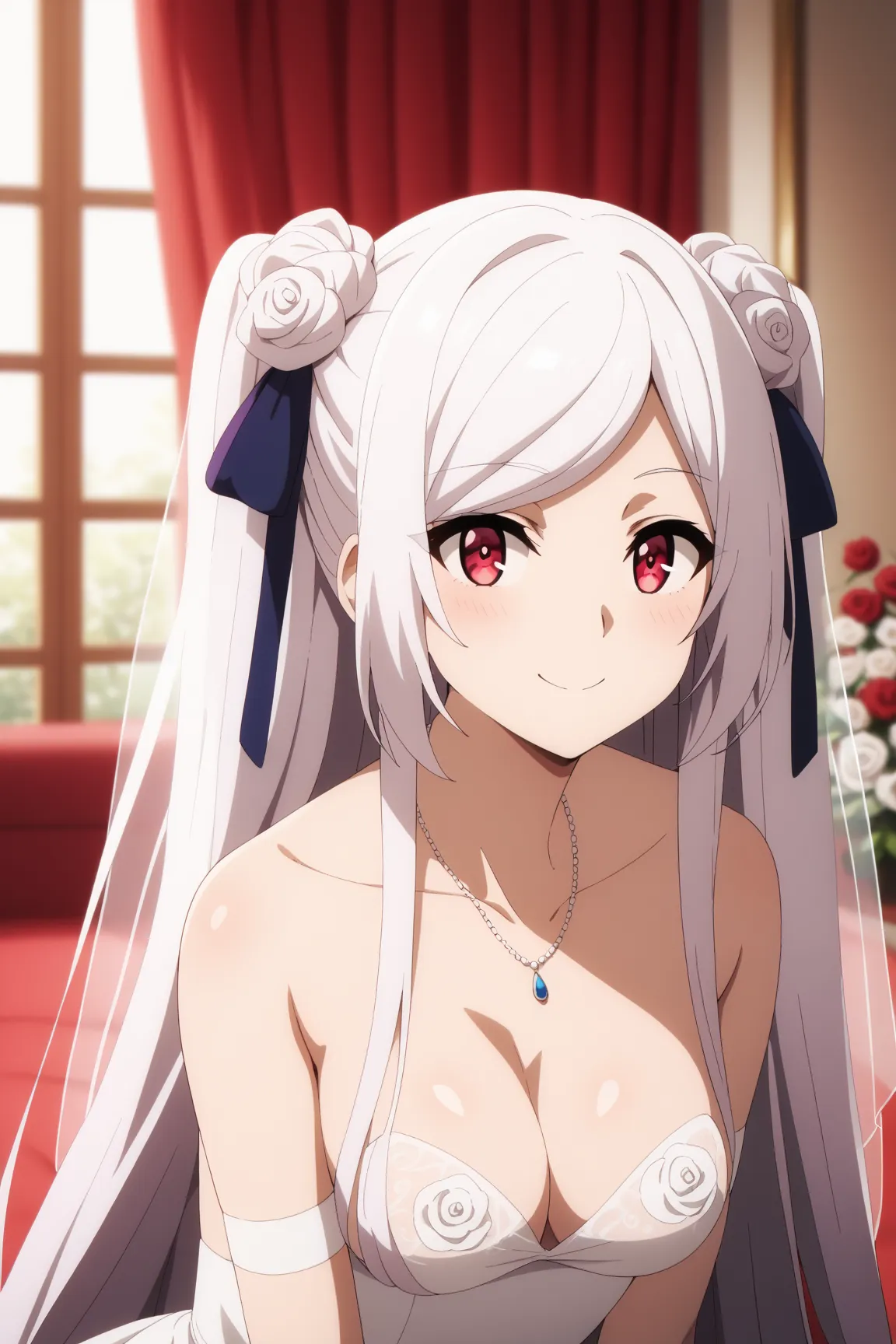 masterpiece,best quality,{{detailed beautiful face and eyes}}, very detailed background,
Alexia Midgar,{{{megami magazine}}},long hair,white hair,twintails,sidelocks,hair ribbon,black ribbon,red eyes,medium breasts,
1girl,hairstyle: (wedding bun:1.2)
Outfi...