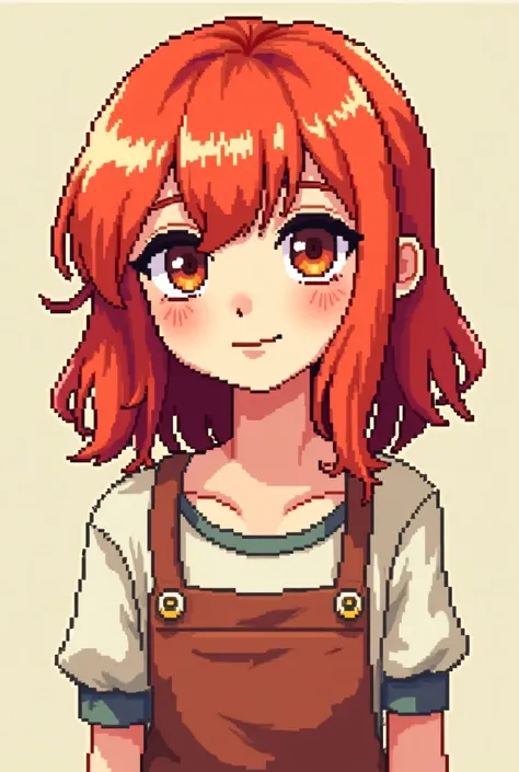 pixel art girl redhead with white locks in her bangs, 8bit long hair brown eyes