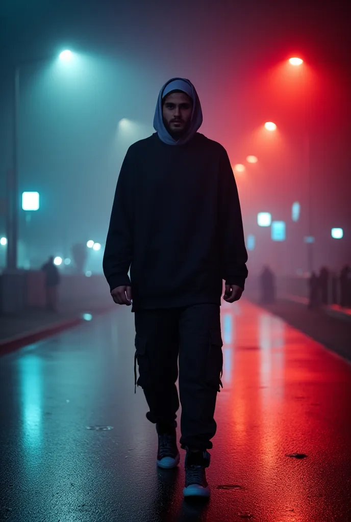 A stylish Muslim man walking confidently through a neon-lit city street at night. He wears a modern urban streetwear outfit, including a long oversized hoodie, cargo pants, and high-top sneakers. His face is partially shadowed by a beanie or kufi, and he h...