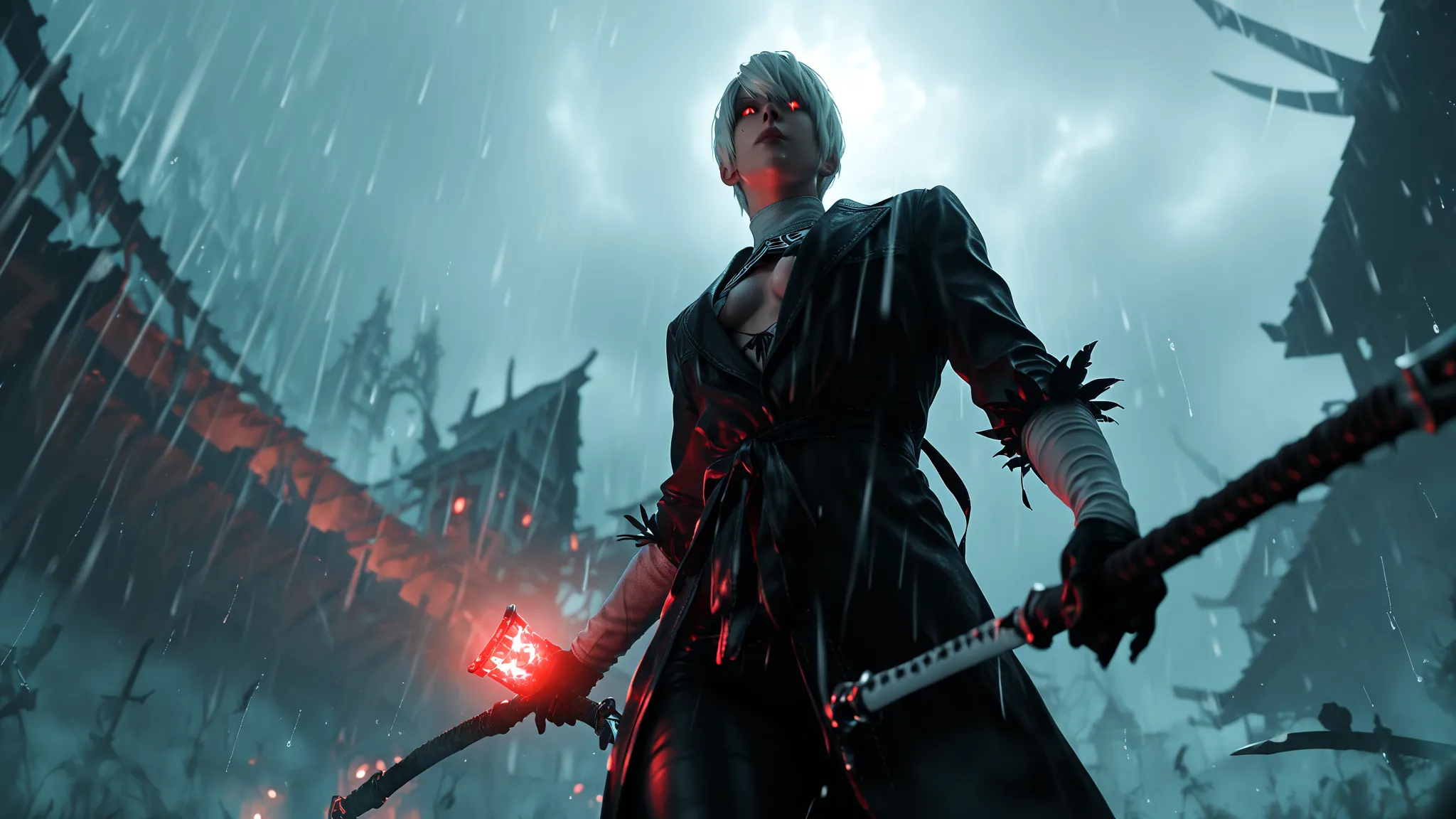 score_9, score_8_up, wide shot, low-angle, deep shadows, boss enemy emerging, misty atmosphere, cinematic lighting, NieR Automata, tension, glowing red eyes, battle preparation, rain dripping from ceiling, eerie silence
Description: The camera lingers on t...