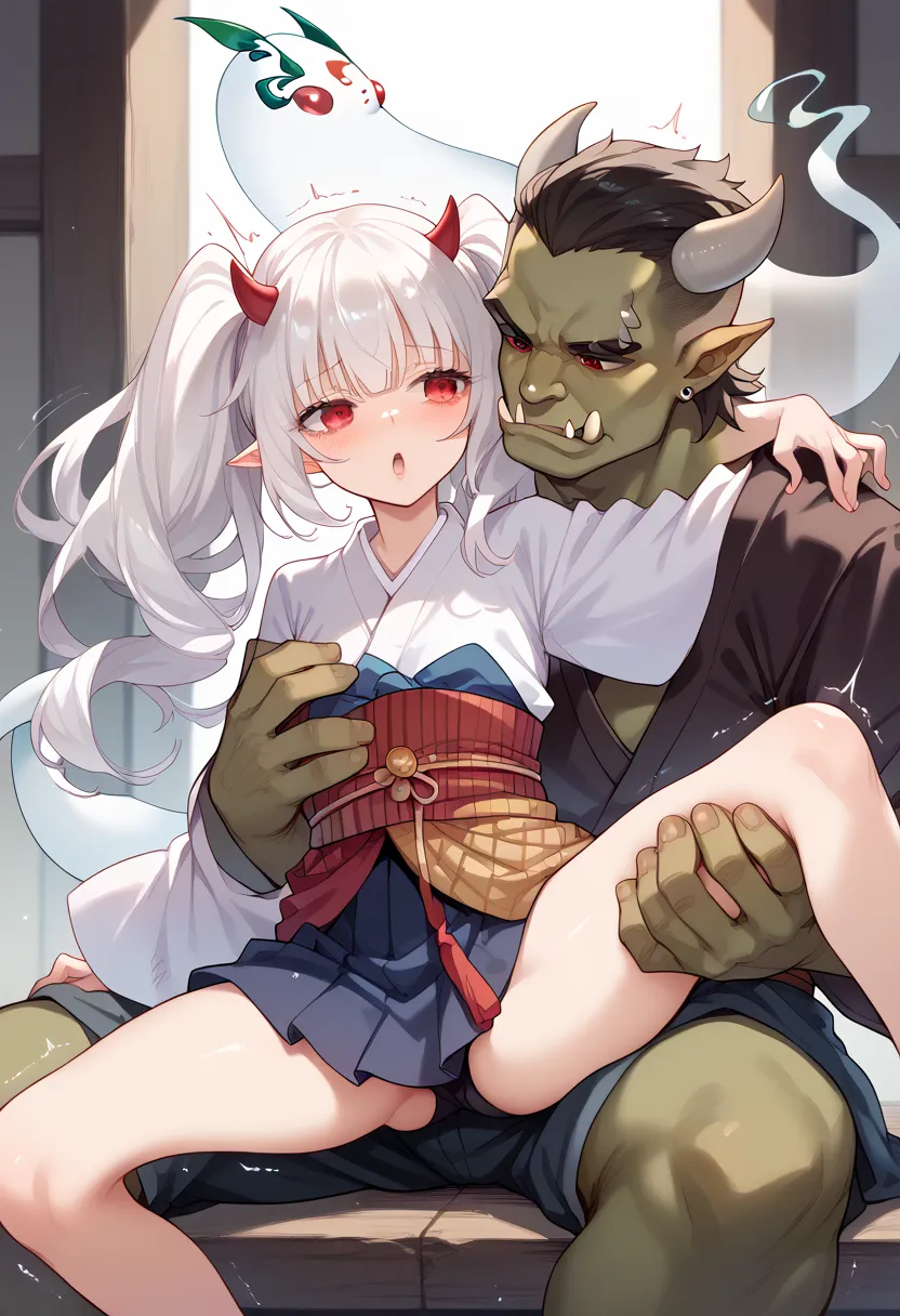 masterpiece,Hi-Res,Best Quality,8k
(ghost ogre and snow rabbit, long hair, red eyes, twintails, white hair, horns, pointy ears, albino)
(japanese clothes)
(straddle your lap,sitting,spread legs)
(trembling,bouncing,motion blur) (Giant orc )