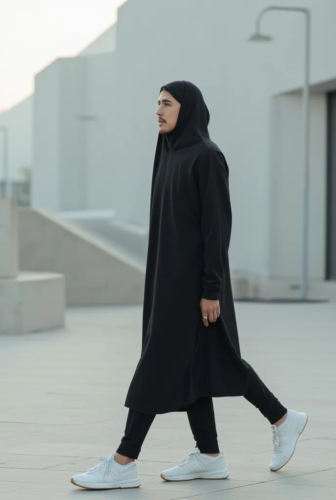 A young Muslim man walking through a contemporary urban environment, dressed in minimalist streetwear. He wears a monochrome outfit consisting of a long, flowing thobe-style hoodie, jogger pants, and sleek sneakers. A black kufi or cap complements his styl...