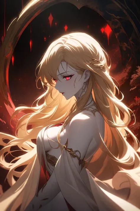 White skin, golden long hair, red eyes, beauty， ，Sexy，vampire ，beautiful breast, 2D Anime