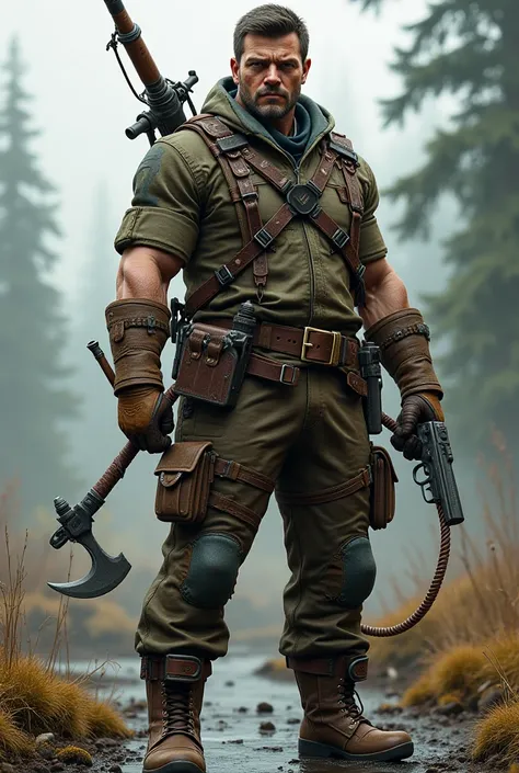 Create a character that carries a sickle, a whip and a pistol. Who wears a hunter's uniform