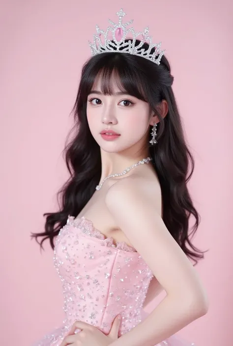 Filipino girl, K-pop idol, with slightly curled hair, long black hair, bangs, brown eyes wearing a silver crown with pink jewels, silver jewelry, hand on hip, wearing a pretty pink sparkly, princess dress, light pink background, looking forward