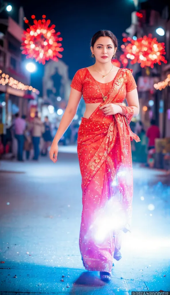 In the enchanting glow of Diwali, the streets come alive with a kaleidoscope of lights and the rhythmic flicker of earthen lamps. Amidst this magical splendor, a mesmerizing sight awaits. A resplendent young woman, draped in a vibrant red saree, stands as ...