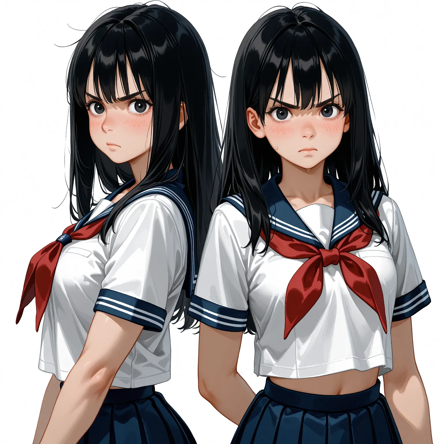 Alta resolución, 8K, 4k, HD, Short woman, of 1.50 meters, serious guy,  serious expression , small blush , flaquita, very sexy, small waist,  black-haired ,  medium-long hair  (Not too short, Not too long),  black eyes, school uniform