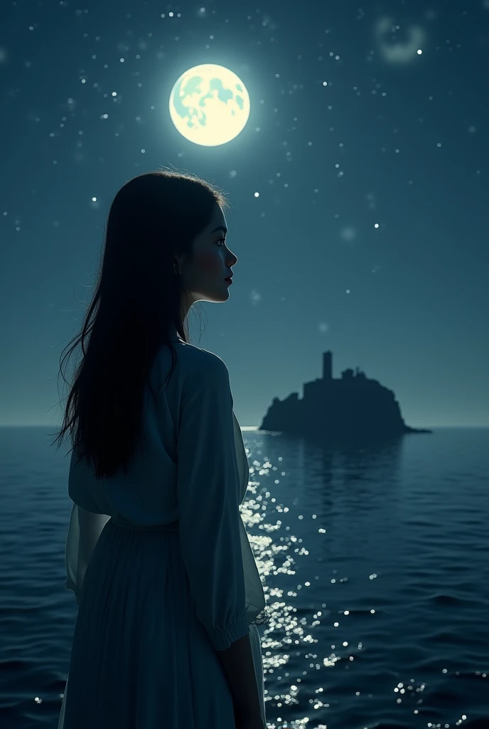 Girl looking at an island at night in the water 