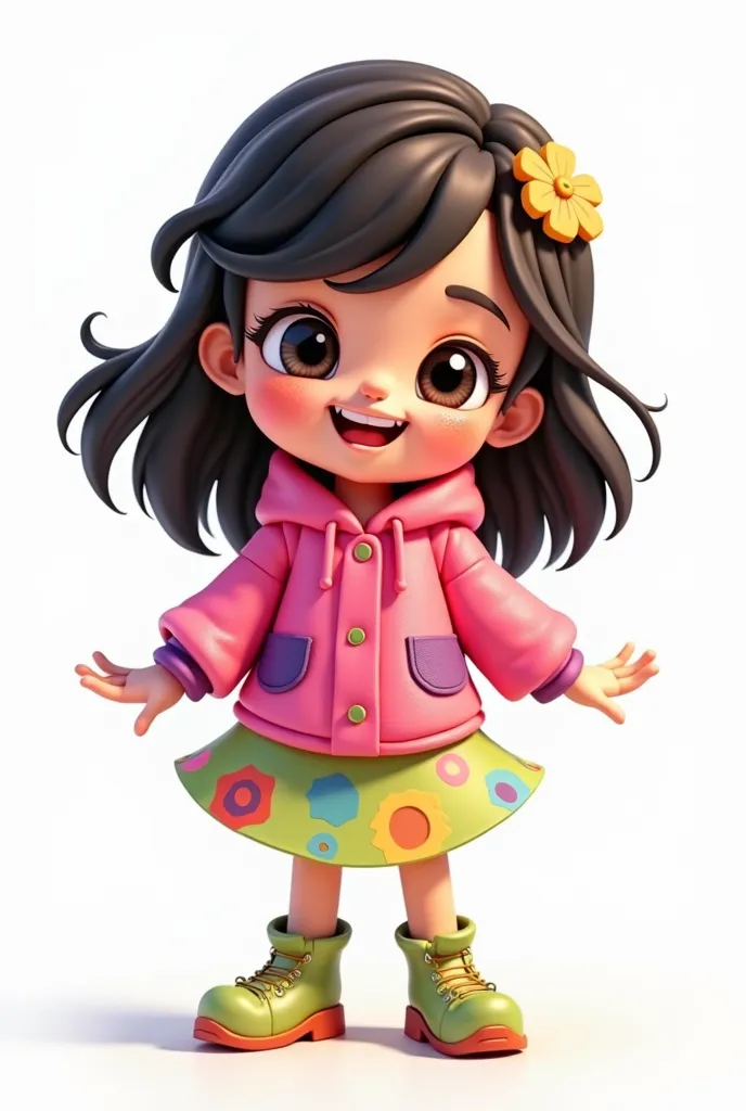 A mascot of a 09-year-old girl ,black hair below the shoulders and wavy , fair brown skin, black eyes, charming smile,  clothes pink , purple and neon green, will be used with a white background.