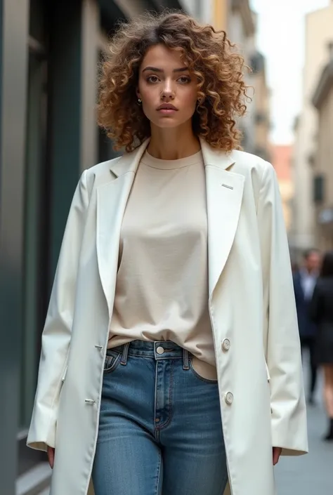 man, She is one and ninety-six meters tall and has a good physical size, curly hair, light brown eyes. She always wears jeans, with a light t-shirt and her white coat