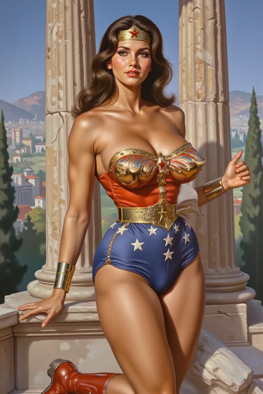  ((oil painting:1.1)) of SEXY LYNDA CARTER AS THE ICONIC 1960 WONDER WOMAN, WEARING A SPANDEX WONDER WOMAN COSTUME, SPANDEX PATRIOTIC BLUE shorts. , RED WONDER WOMAN BOOTS. CRYSTAL CLEAR ART, CELAN CRISP ART, 4K, 8K, MILLIONS OF TEXTURES, alexross style, s...