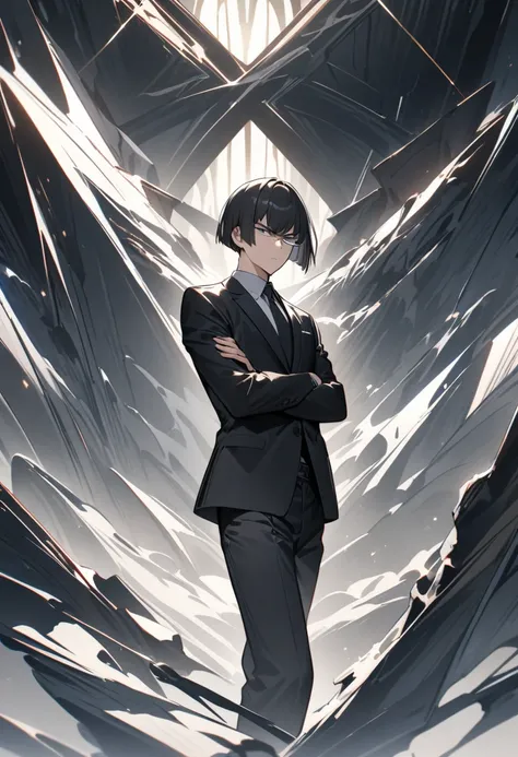 Ultra High Definition, Hi-Res, Hi-Res, Best Quality,  handsome　illustrations,  male　expressionless, white background,  black suit, A man who seems serious, Stand with good posture, bob cut, short hair, Glaring bangs, Alone, adjusting eyewear ,  cross your ...