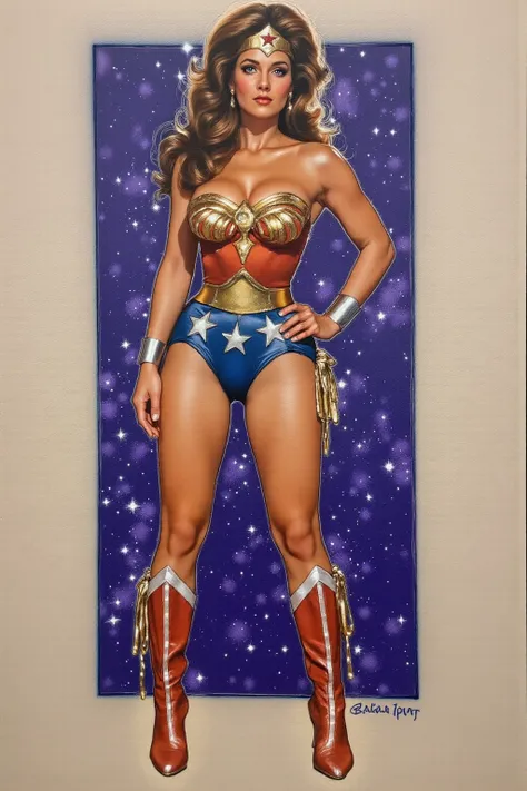  ((oil painting:1.1)) of SEXY LYNDA CARTER AS THE ICONIC 1960 WONDER WOMAN, WEARING A SPANDEX WONDER WOMAN COSTUME, SPANDEX PATRIOTIC BLUE shorts. , RED WONDER WOMAN BOOTS. CRYSTAL CLEAR ART, CELAN CRISP ART, 4K, 8K, MILLIONS OF TEXTURES, alexross style, h...