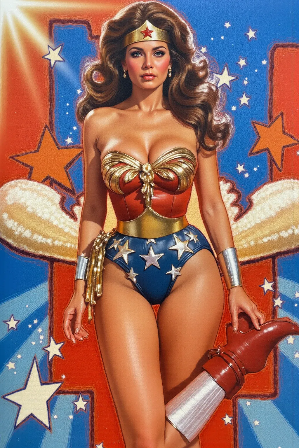  ((oil painting:1.1)) of SEXY LYNDA CARTER AS THE ICONIC 1960 WONDER WOMAN, WEARING A SPANDEX WONDER WOMAN COSTUME, SPANDEX PATRIOTIC BLUE shorts. , RED WONDER WOMAN BOOTS. CRYSTAL CLEAR ART, CELAN CRISP ART, 4K, 8K, MILLIONS OF TEXTURES, alexross style, h...