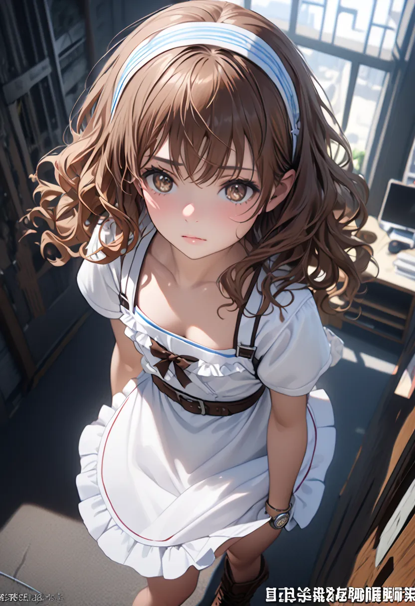 View from the camera, view from above, the whole body is projected, realistic, (masterpiece,Highest quality:1.4),(8k,RAW Photos,realistic:1.2), Not safe at work, Detailed skin, Detailed face, One Girl, round face, princess, Misaka Mikoto dressed as Alice i...