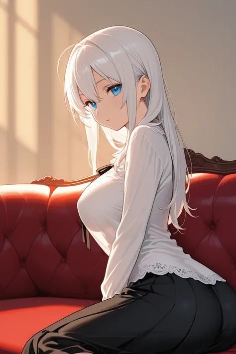 White-haired, blue-eyed anime woman,seductive body with medium sized breasts and a round, firm ass,sitting on a red couch wearing a white blouse and a black skirt 