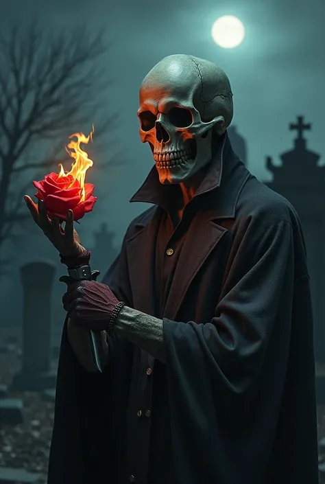 a skull, holding a large knife in the right hand, On the left hand a red rose floating over the hand, Red rose on fire, background of the image in an old cemetery, dark, mist, night, moon in the sky, Realistic image