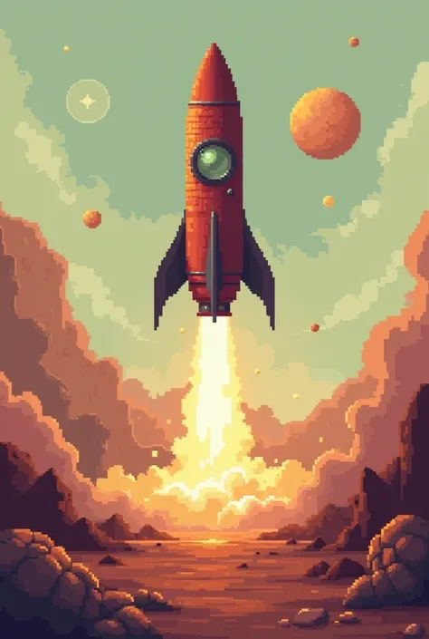 create a pixel-style rocket that flies to Mars in a brown and muddy style that flies from the ground
