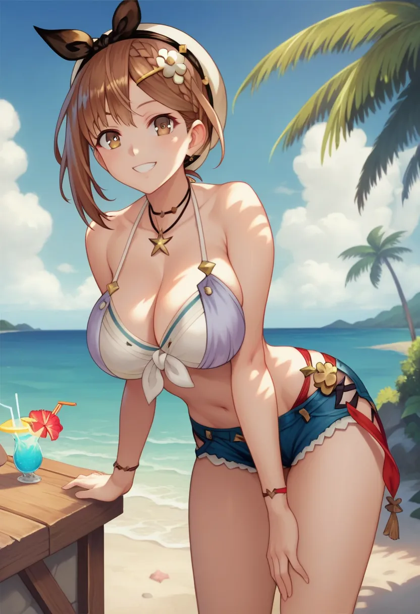  source_anime, masterwork, 1girl, solo, reisalin stout, atelier ryza, smiling, brown hair, short hair, brown eyes, large breasts, round breasts, bikini top, front-tie top, halterneck, short daisy dukes, stomach, navel, bare arms, bare legs, bare shoulders,...