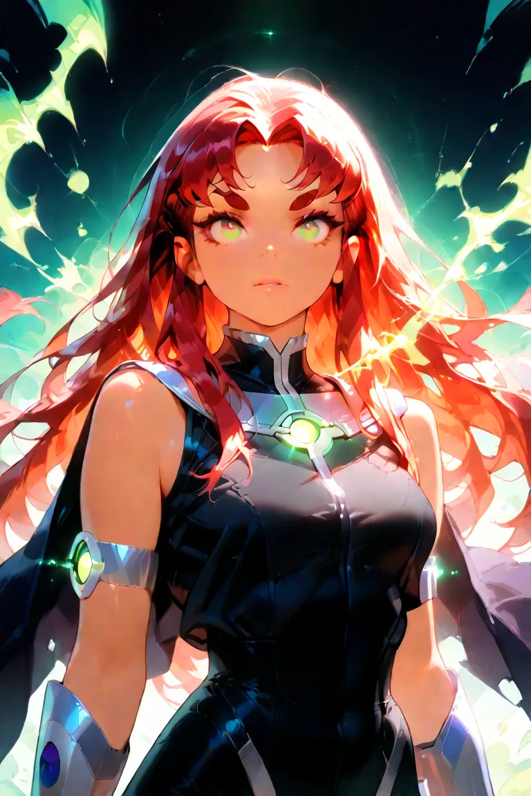 masterpiece, best quality, amazing quality, very aesthetic, high resolution, newest, hyper-detailed, Starfire, titans, 1 female, solo, black outfit, green energy projection, red hair, glowing green eyes, cape, 