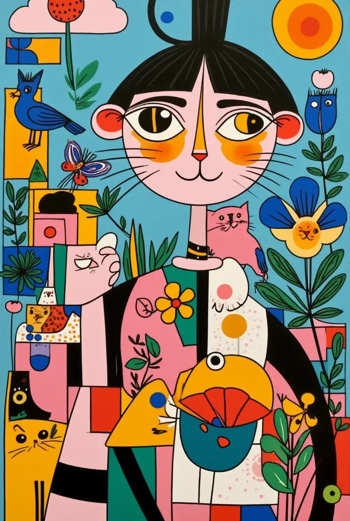 cats, bright country palette, in a bold print style, Alice Patullo, Laurie Hastings, Claire Halifax, Soft, An explosion of wild colors, Beautiful illustrations of miniature and small, painting, template icon. Cats, long necks, tails, women. Cats hugged, ki...