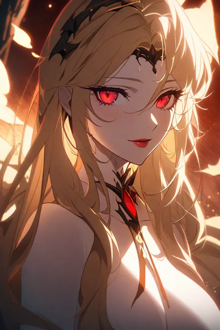 White skin, golden long hair, red eyes, beauty， ，Sexy，vampire ，beautiful breast, 2D Anime