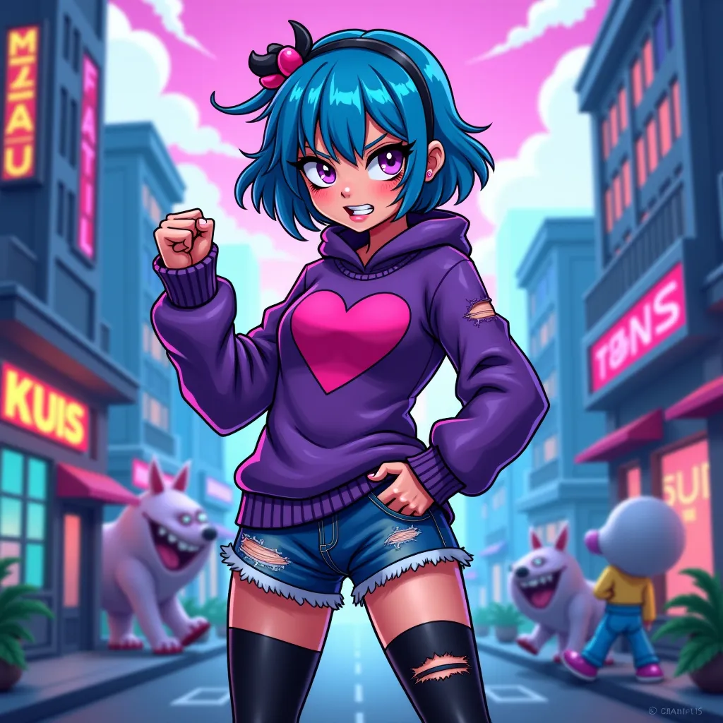 A pixel art illustration of Azucarilla, a vibrant and rebellious girl with short blue hair, a heart-shaped hair clip, and a ripped purple sweater with a heart in the center. She wears distressed denim shorts, black thigh-high stockings, and purple sneakers...