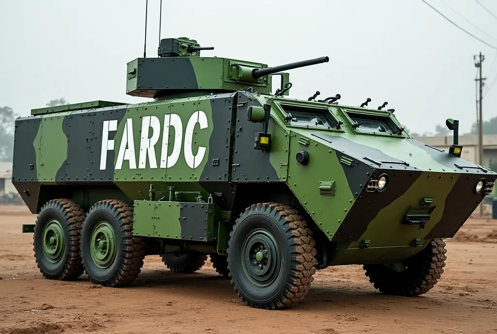 Un véhicule blindé millitaire I.F.V vert on a écrit a la couleur blanche FARDC au grand caractère