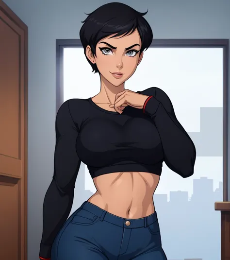 ((ultra quality)), ((masterpiece)), Lois Lane, cute smile, smile, ((black short hair tomboy hairstyle)), (Beautiful face), (beautiful female lips), (), charming, ((sexy facial expression)), (light skin color), (light skin), glare on the body, ((detailed be...