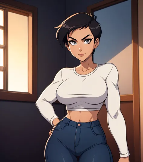 ((ultra quality)), ((masterpiece)), Lois Lane, cute smile, smile, ((black short hair tomboy hairstyle)), (Beautiful face), (beautiful female lips), (), charming, ((sexy facial expression)), (light skin color), (light skin), glare on the body, ((detailed be...