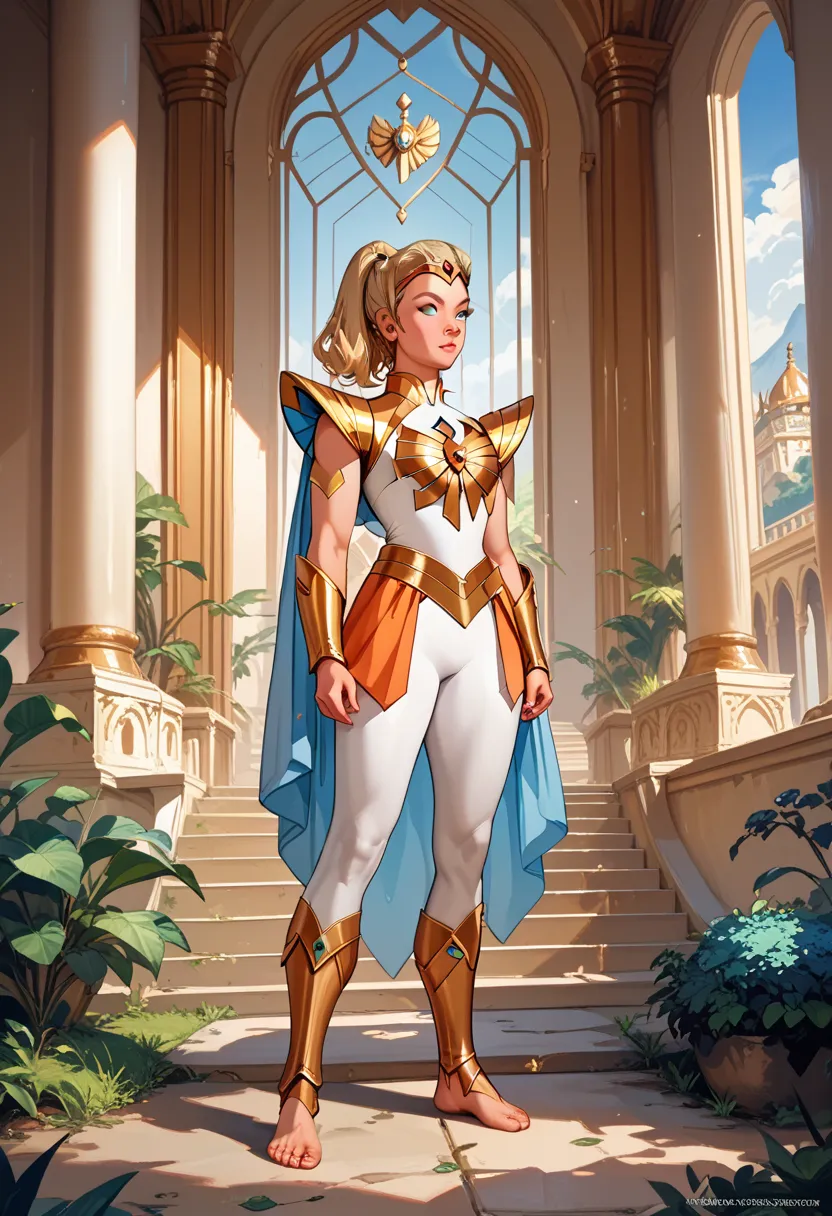 ((photo by full body, standing, Feet on the ground)) 1girl, woman, solo, lipstick, anime style, blue eyes, pale skin, blonde hair, ponytail, armor, royal palace, , She-ra, cowboy shot.