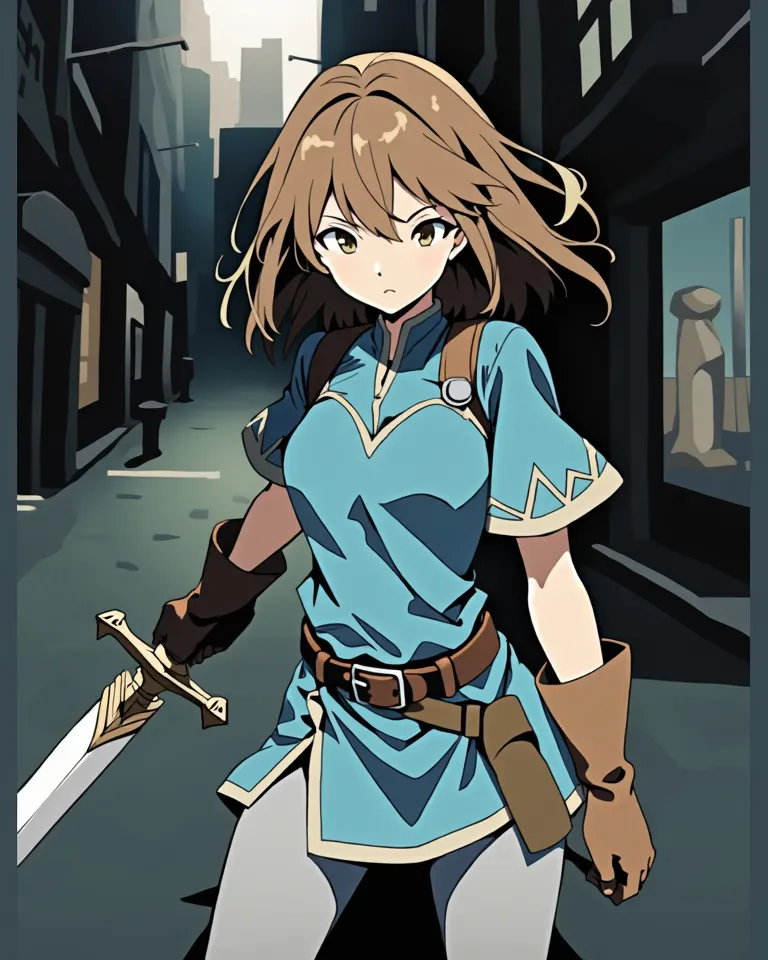 Crée une image style manga d'un jeune homme, les cheveux châtains très court, les yeux bleus foncés, le regard sérieux dans originale de nausicaä de la vallée du vent bleue claire Miyazaki avec une ceinture  avec  un jeans noir avec un sabre dans une ville...